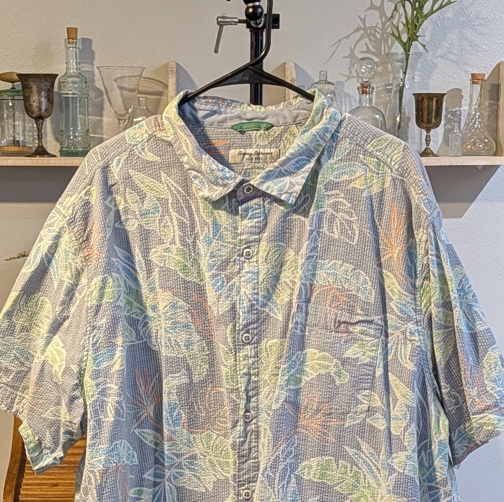 Tommy Bahama Blue and Green Leaf Print Shirt